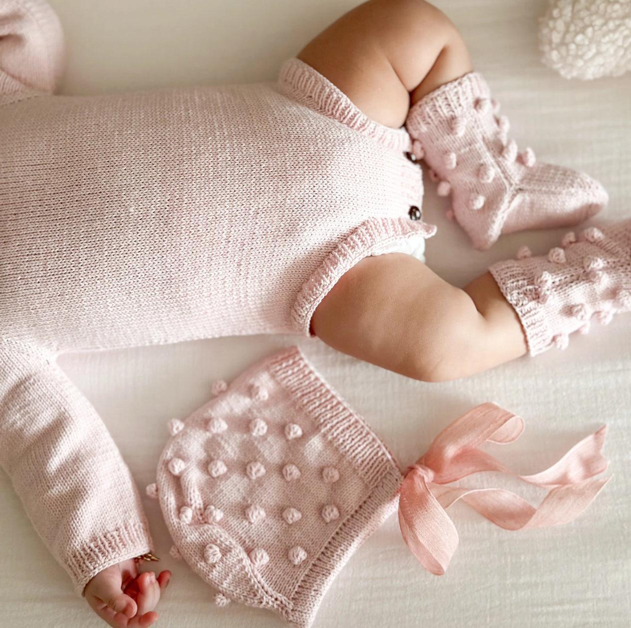Baby pink handknitted collection romper/bonnet/booties