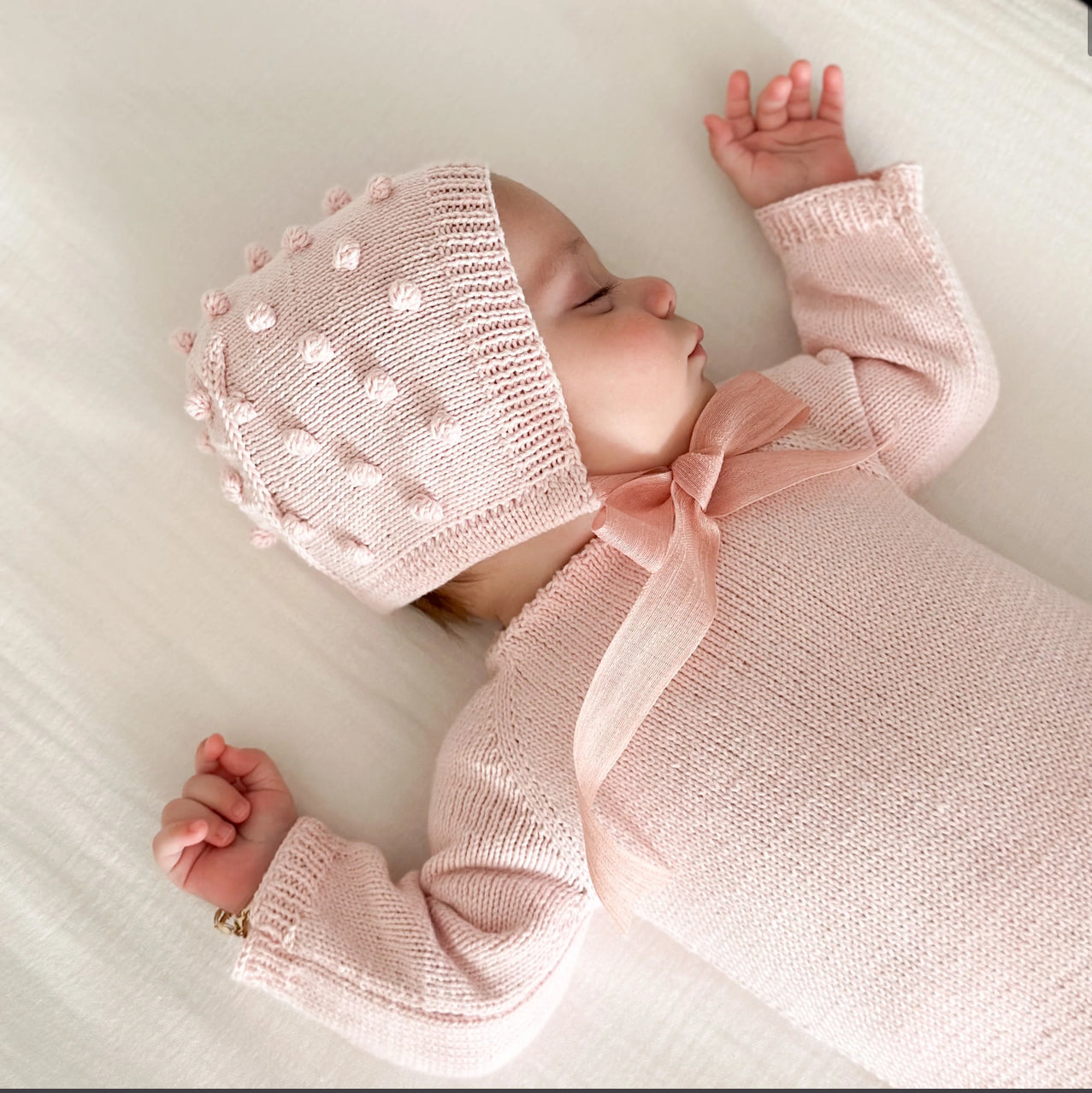 Baby pink handknitted collection romper/bonnet/booties