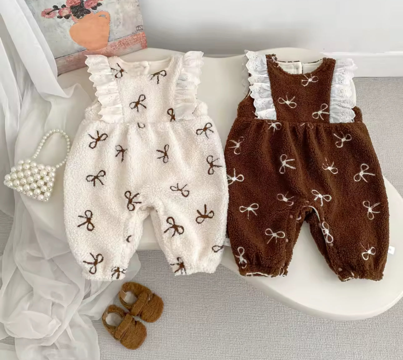 Thick fleece bow print rompers
