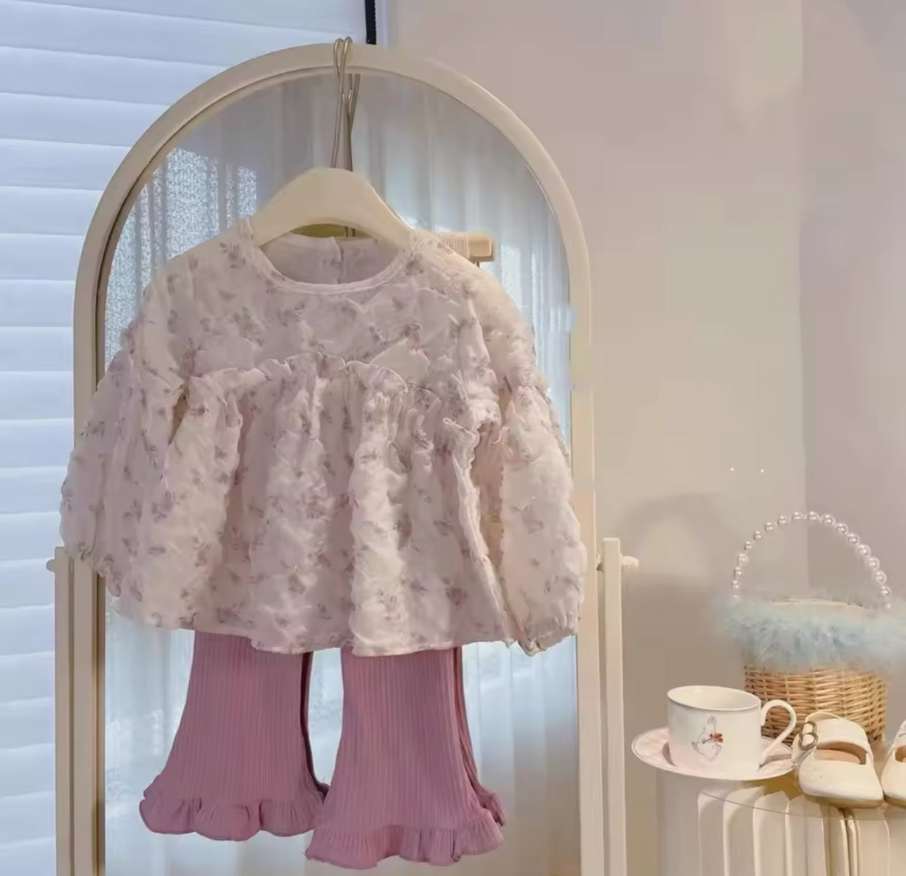 Pre order summer raspberry floral blouse and trouser set