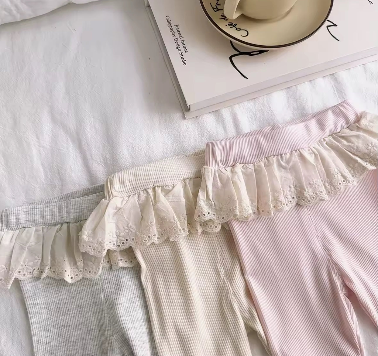 Ribbed cotton summer leggings lace trim in stock