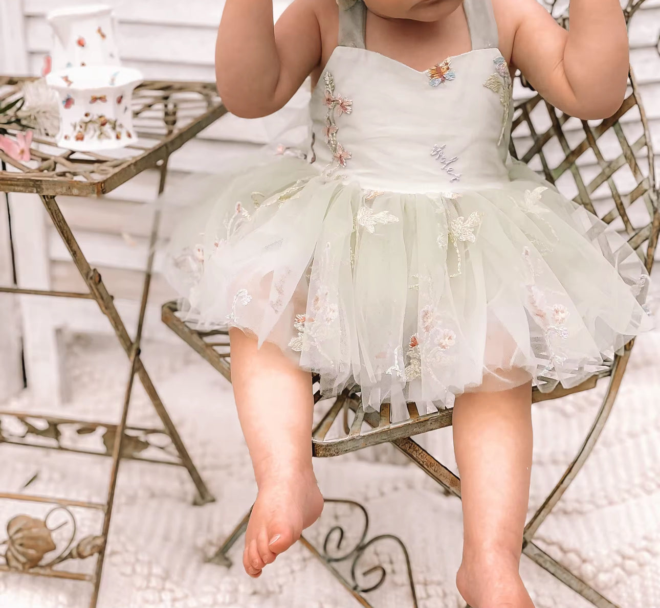 Tutu summer flower embroidered romper dress sage green