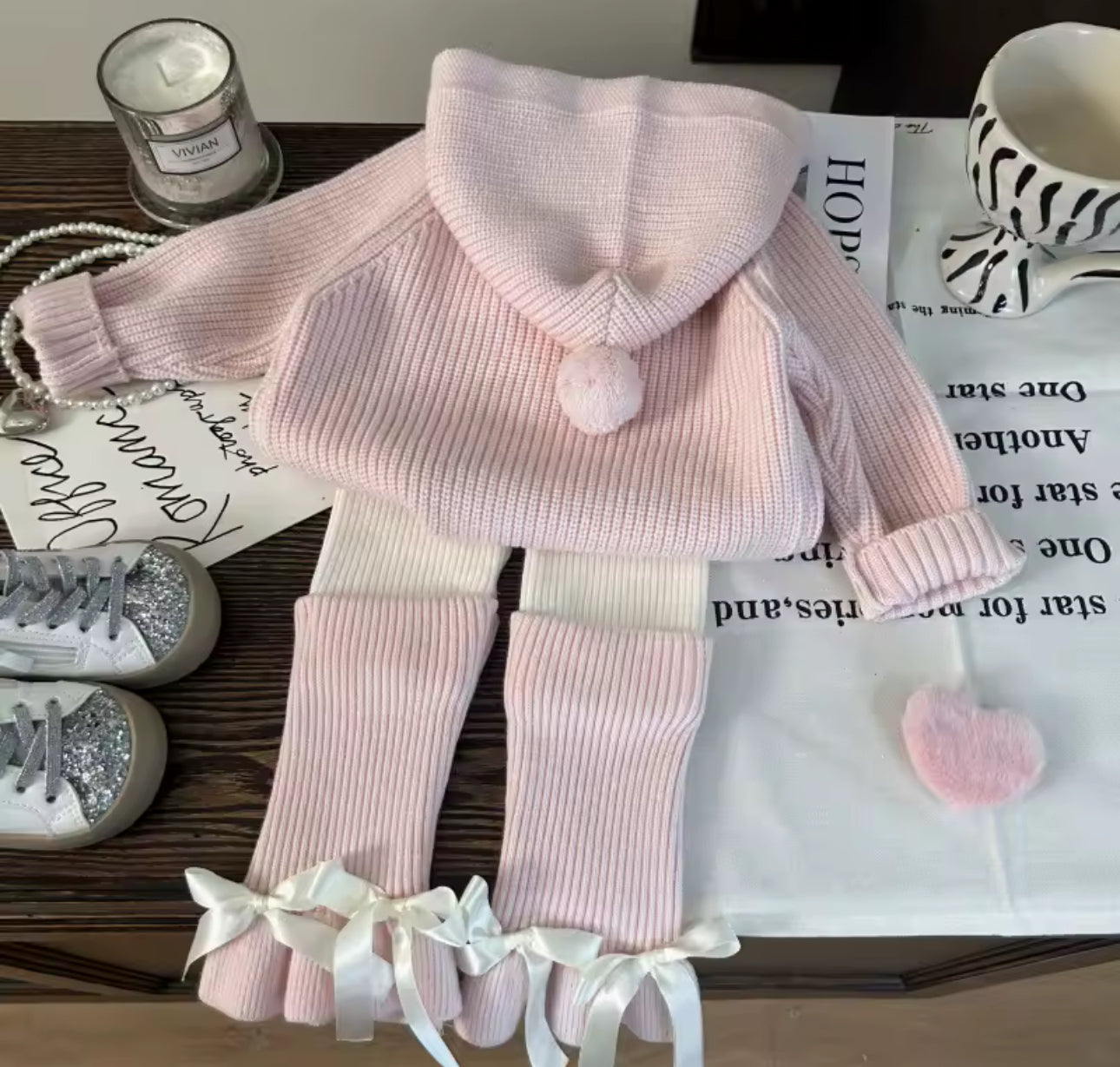 Knit ribbon hoodie leggings set