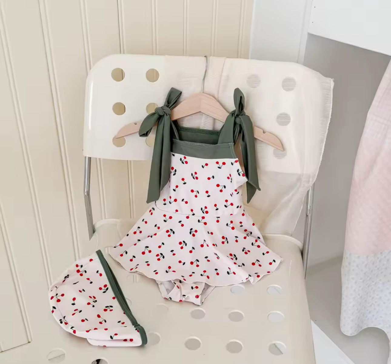 Khaki cherry print swimming costume and hat