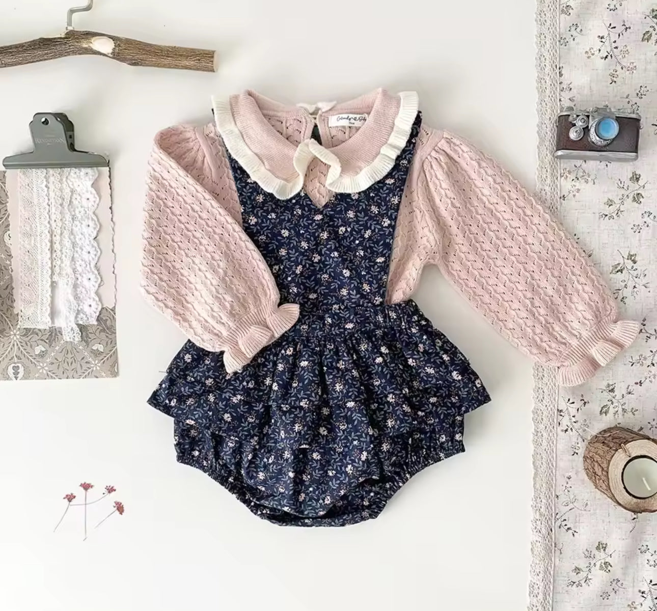 Knit cardigan and summer navy reversible cardigan and romper set