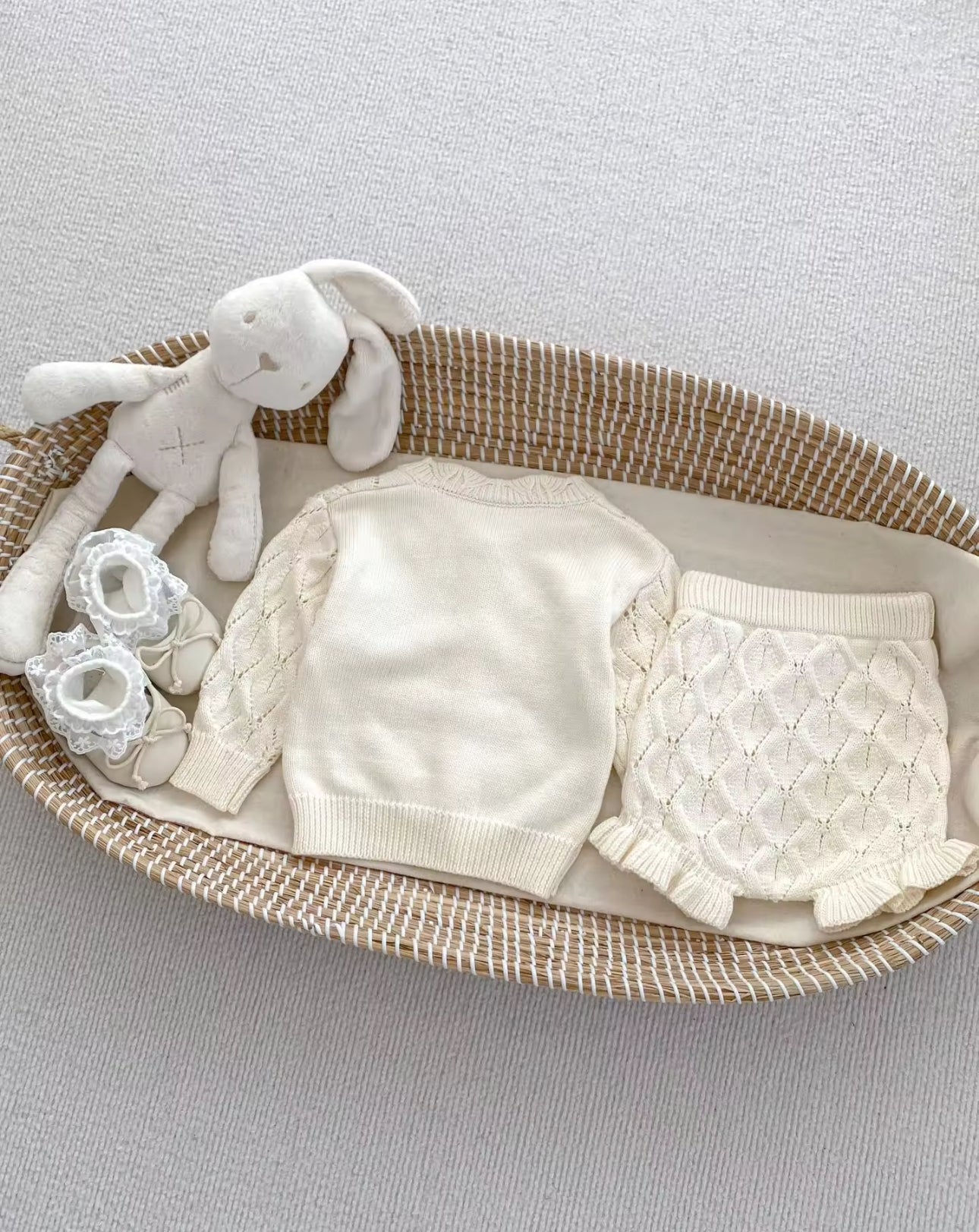 Pre order cream knit cardigan and frill shorts