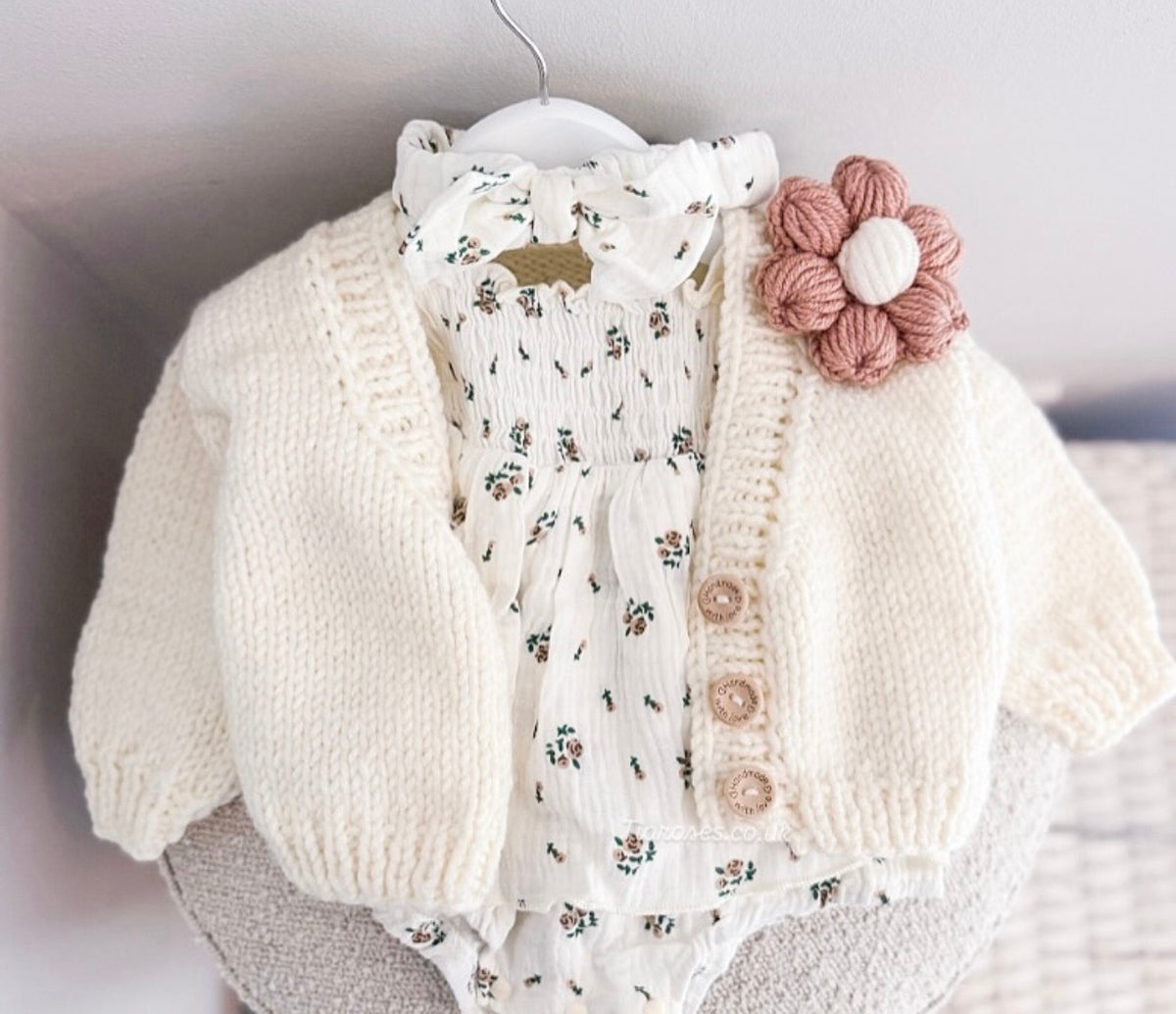Cream With Autumn Flower Handknitted Wool Cardigan