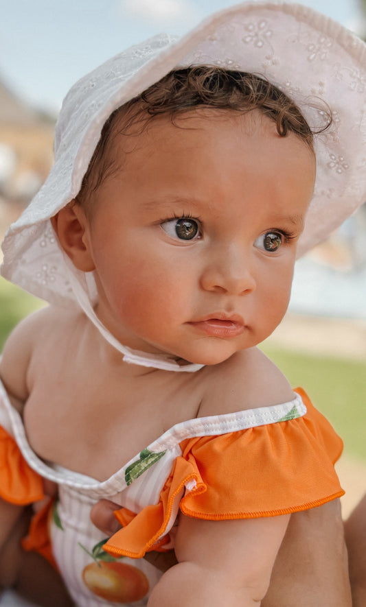 In stock summer oranges ruffle bow swimming costume