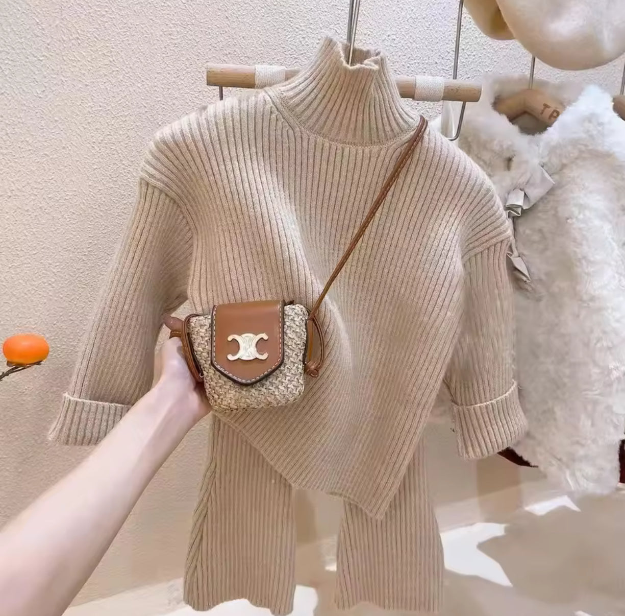 Thick knit roll neck and trousers cream/beige