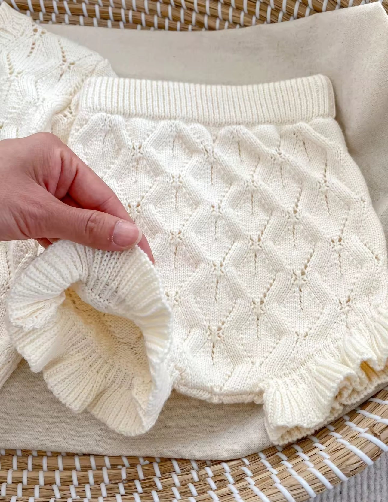 Pre order cream knit cardigan and frill shorts