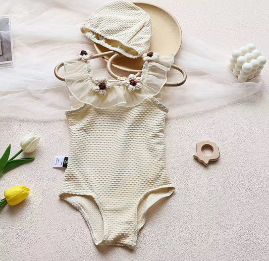 Cream knit flower swim set