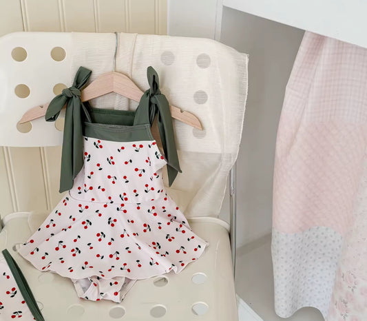 Khaki cherry print swimming costume and hat