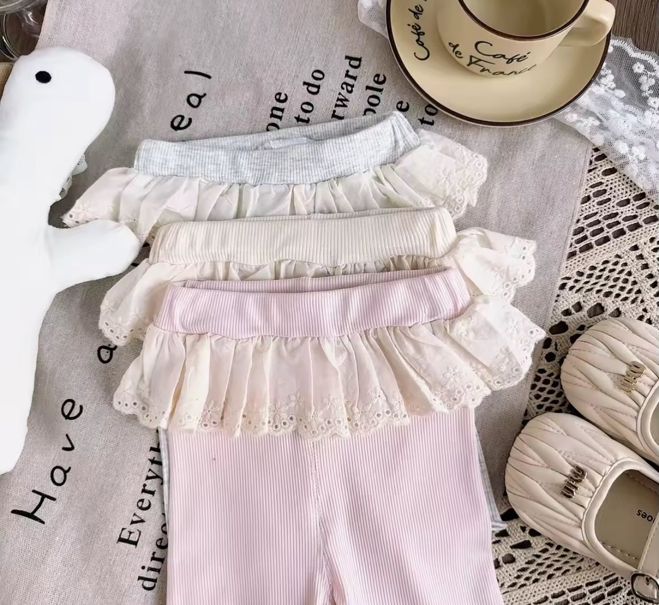 Ribbed cotton summer leggings lace trim in stock
