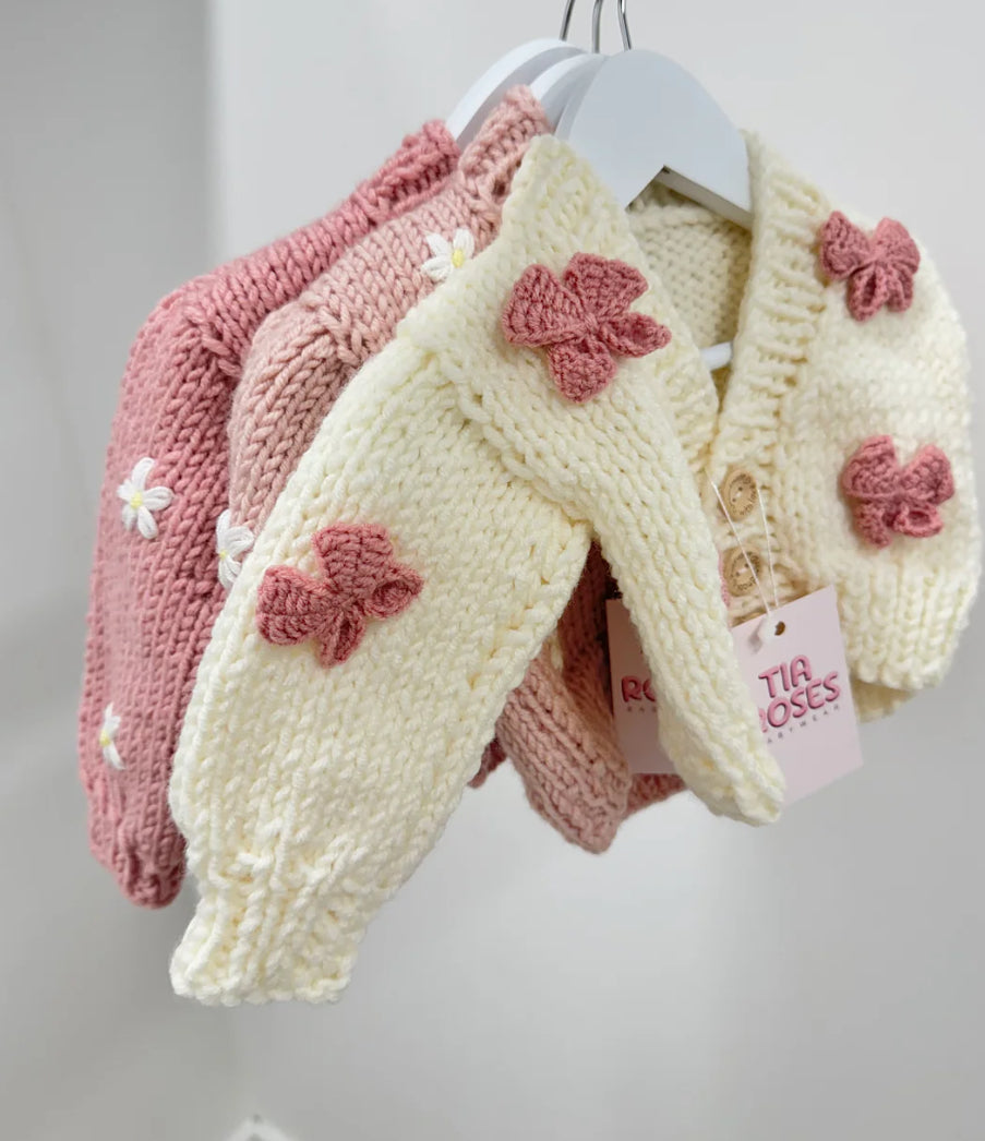 Mama and me handknitted chunky bow 2 cardigan set cream
