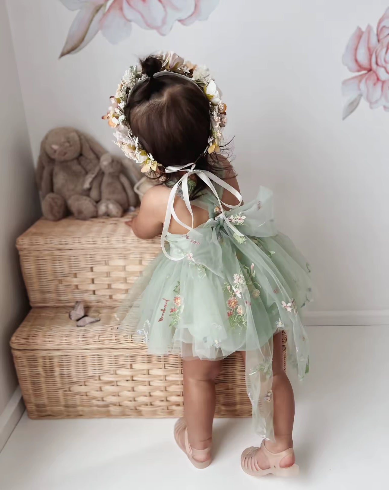 Tutu summer flower embroidered romper dress sage green