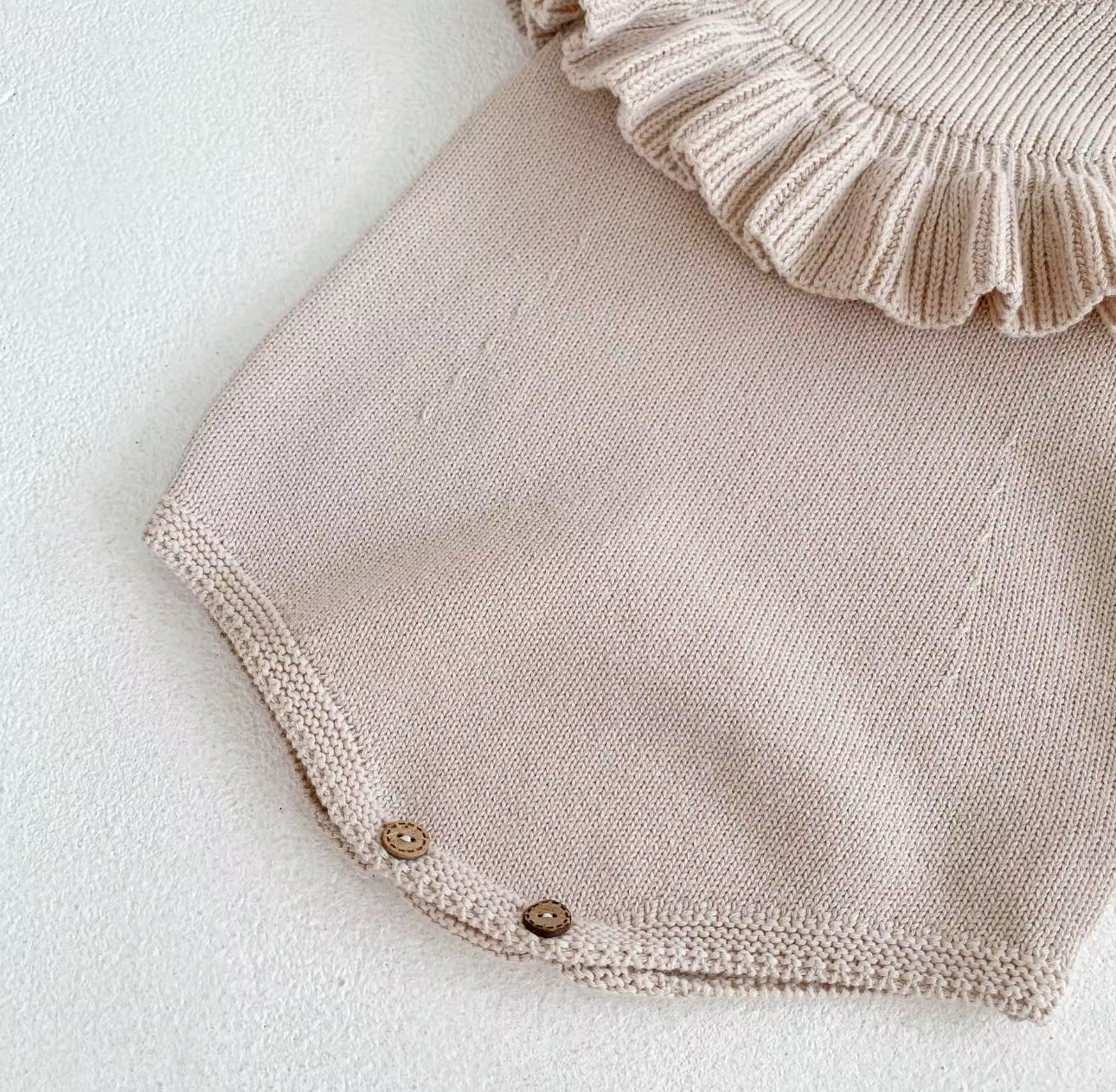 Light brown thick knit frill romper and bonnet set