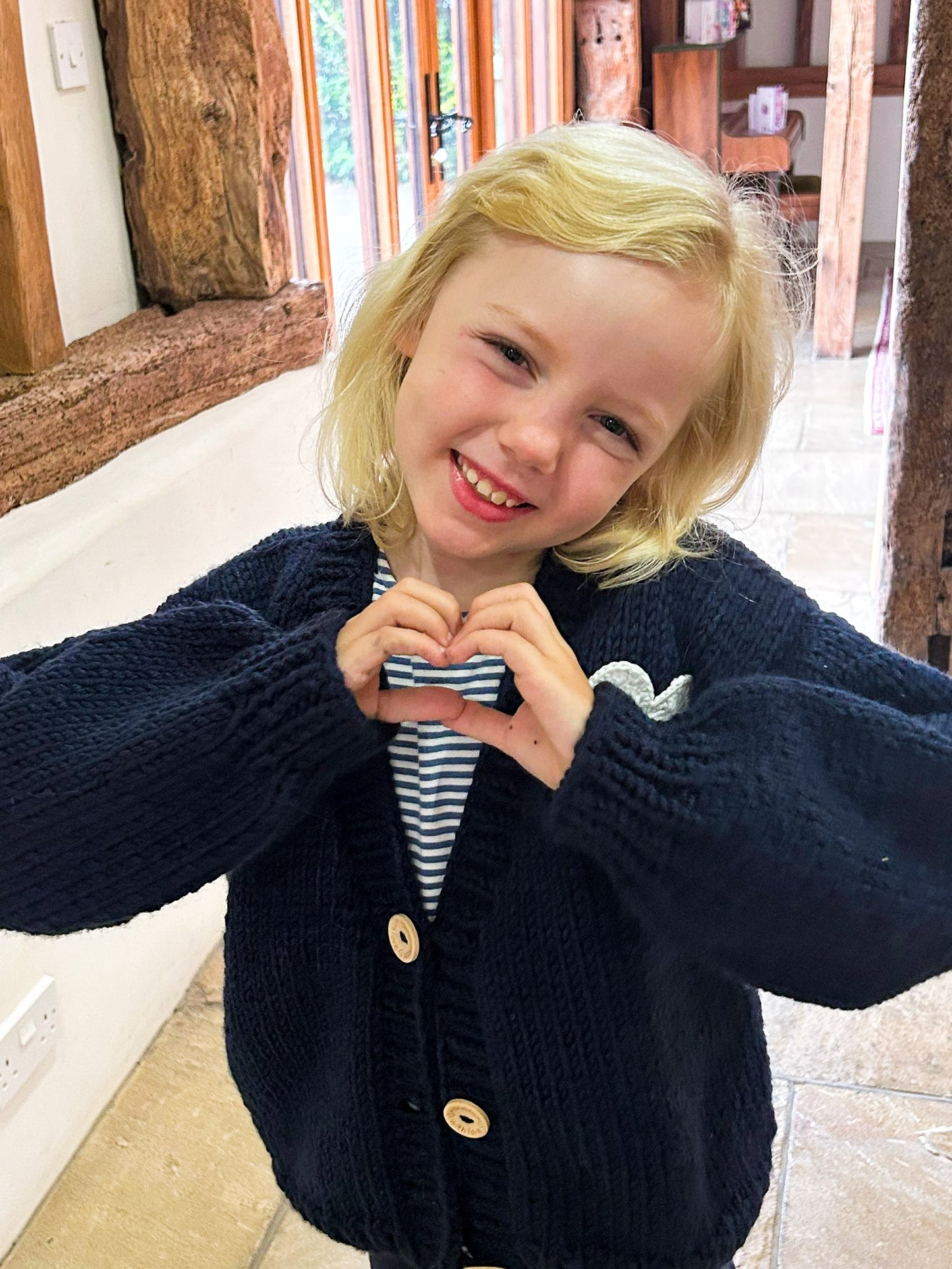 Navy summer handknitted white heart cardigan