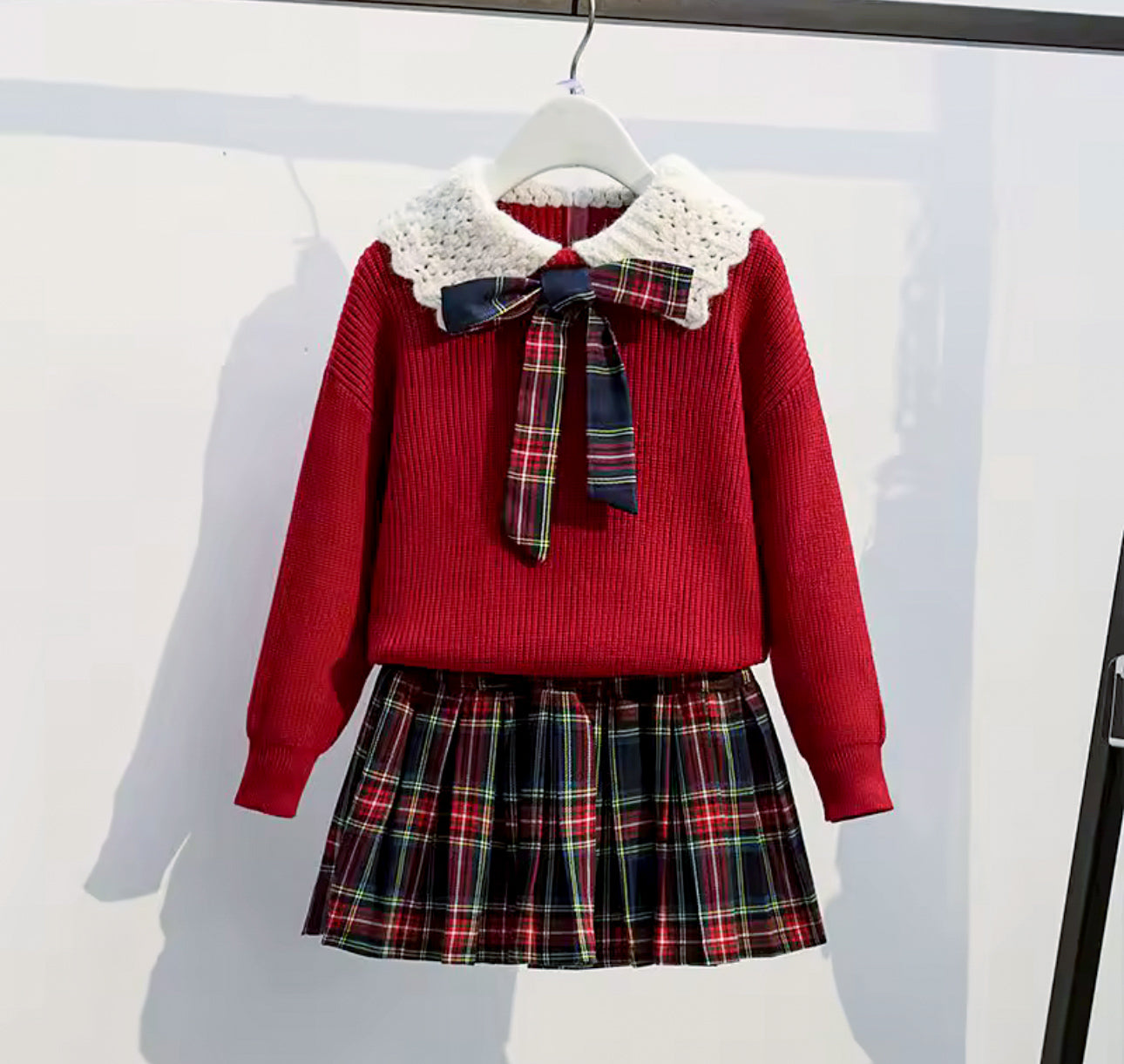 Christmas knit top and matching tartan skirt set