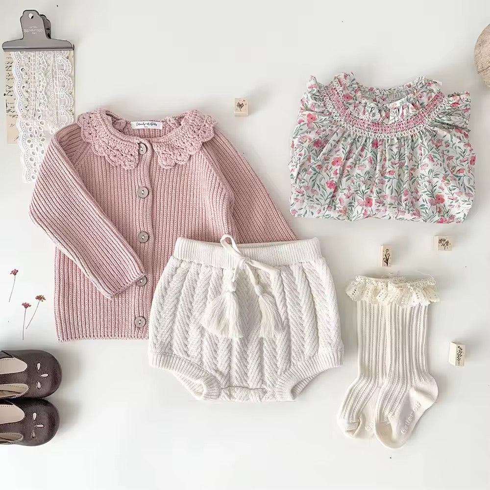 Knit cardigan and summer navy reversible cardigan and romper set