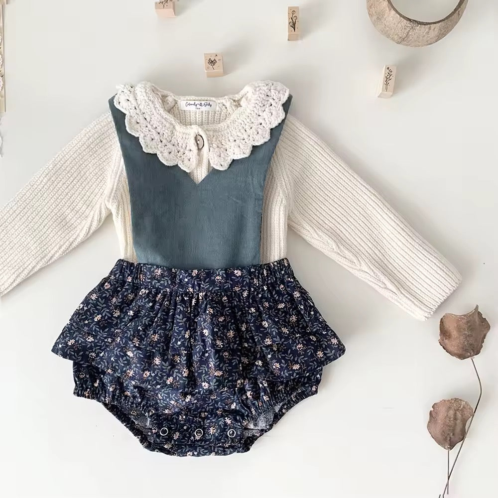 Knit cardigan and summer navy reversible cardigan and romper set