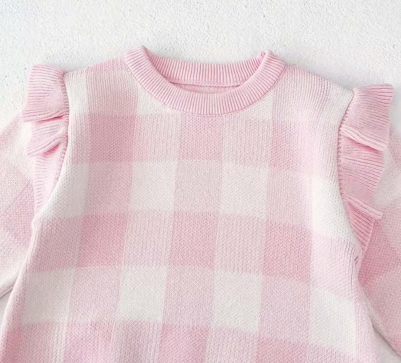 Baby pink gingham thick knit romper/bootie set