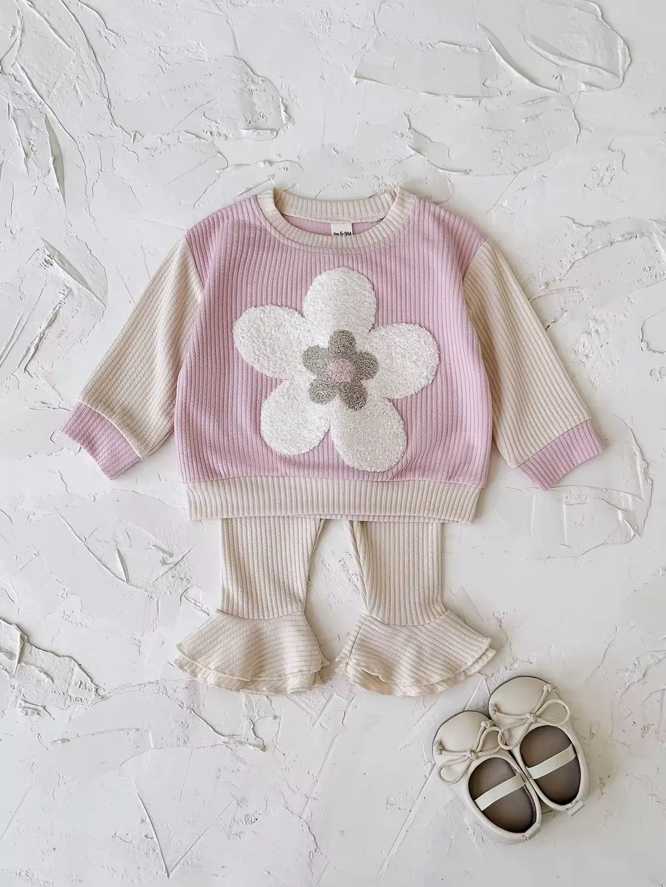 Soft ribbed summer flower top and flare set
