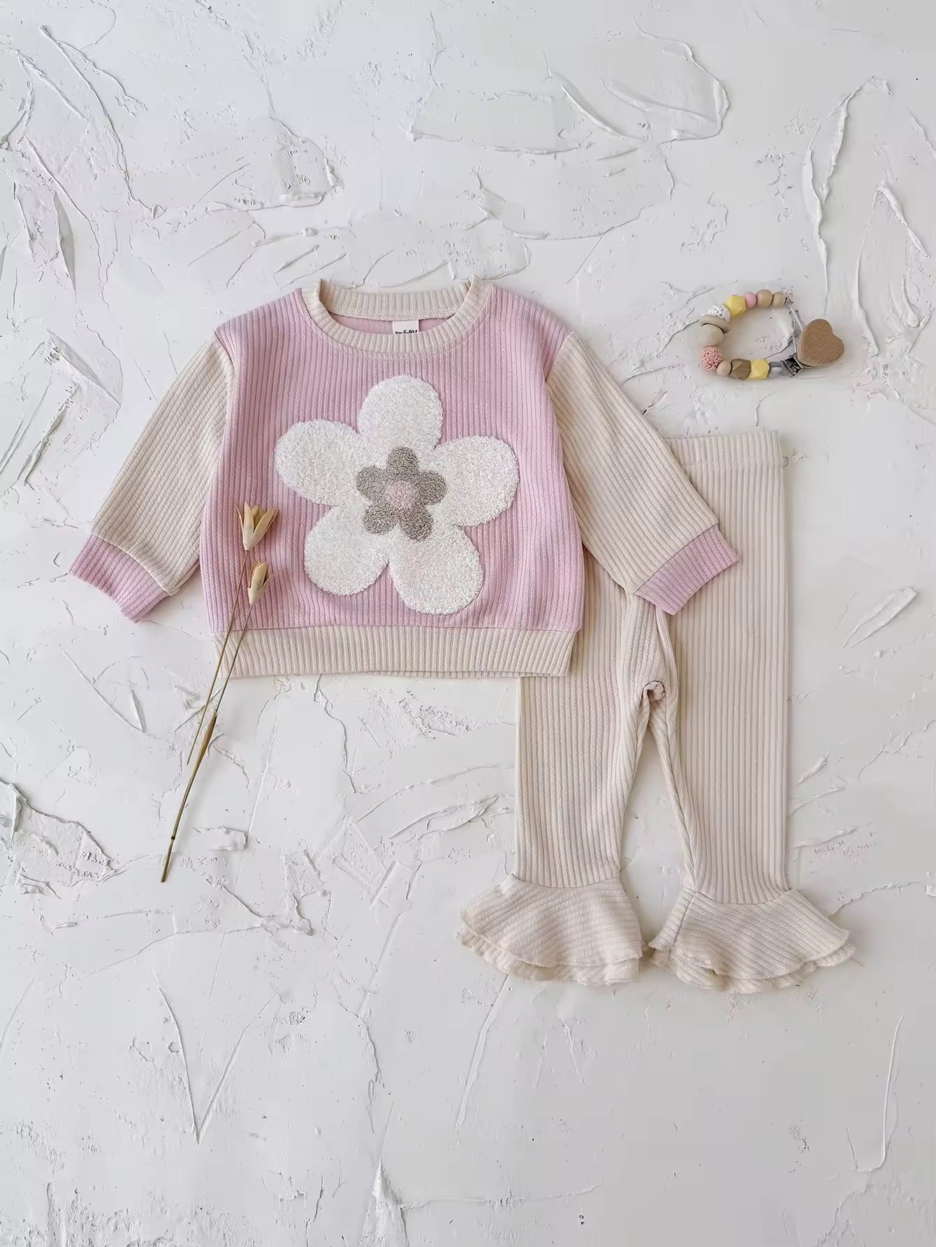 Soft ribbed summer flower top and flare set