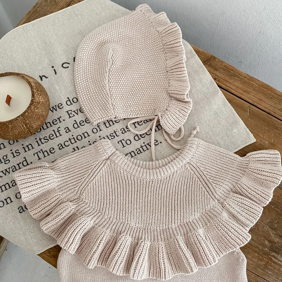 Ruffle knit romper and bonnet set (pre order)