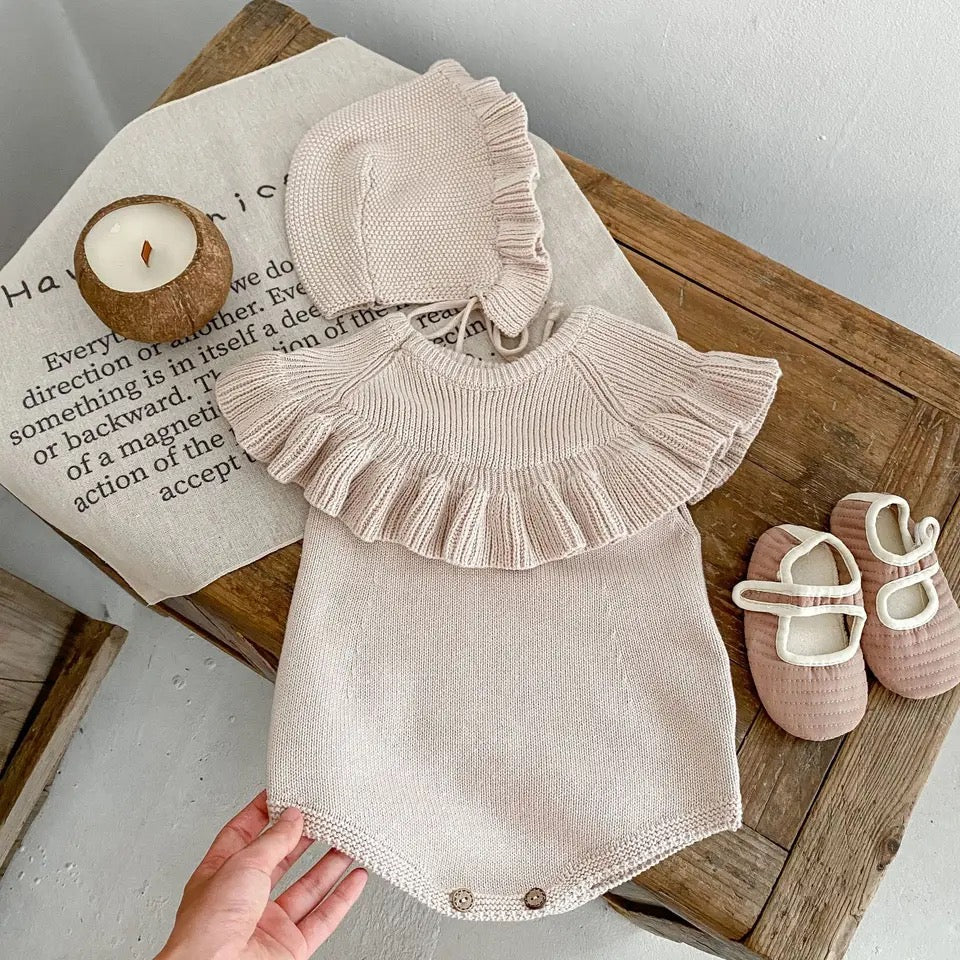Ruffle knit romper and bonnet set (pre order)