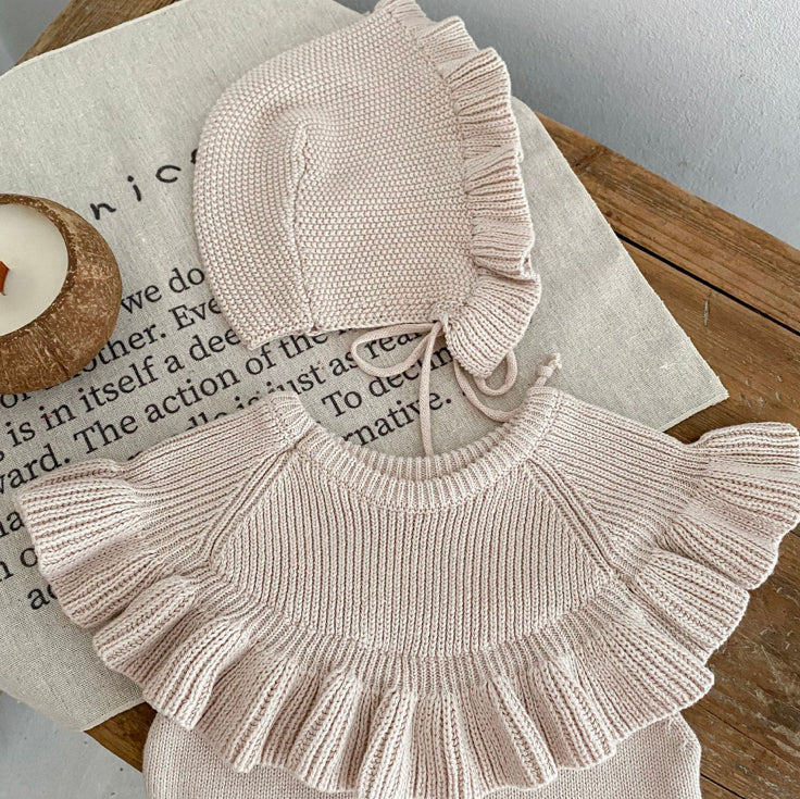 Ruffle knit romper and bonnet set (pre order)