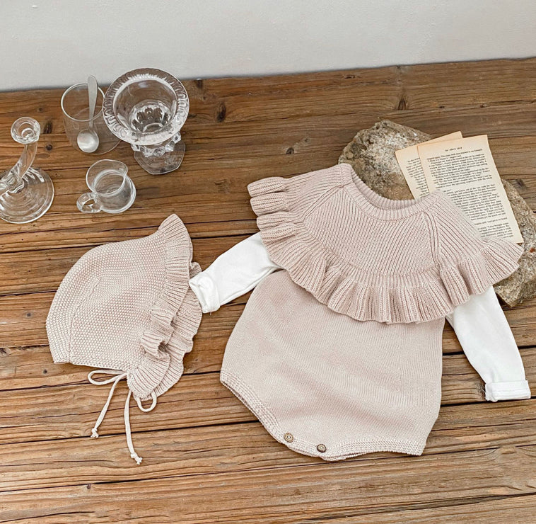 Ruffle knit romper and bonnet set (pre order)