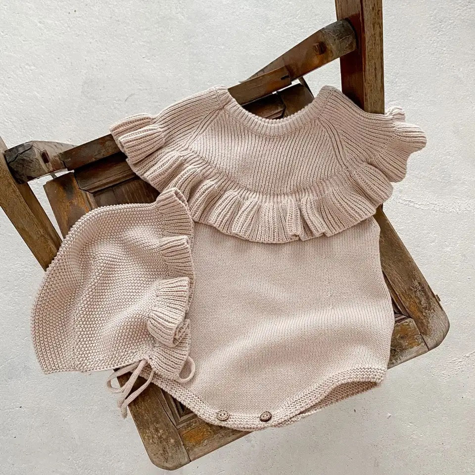 Ruffle knit romper and bonnet set (pre order)