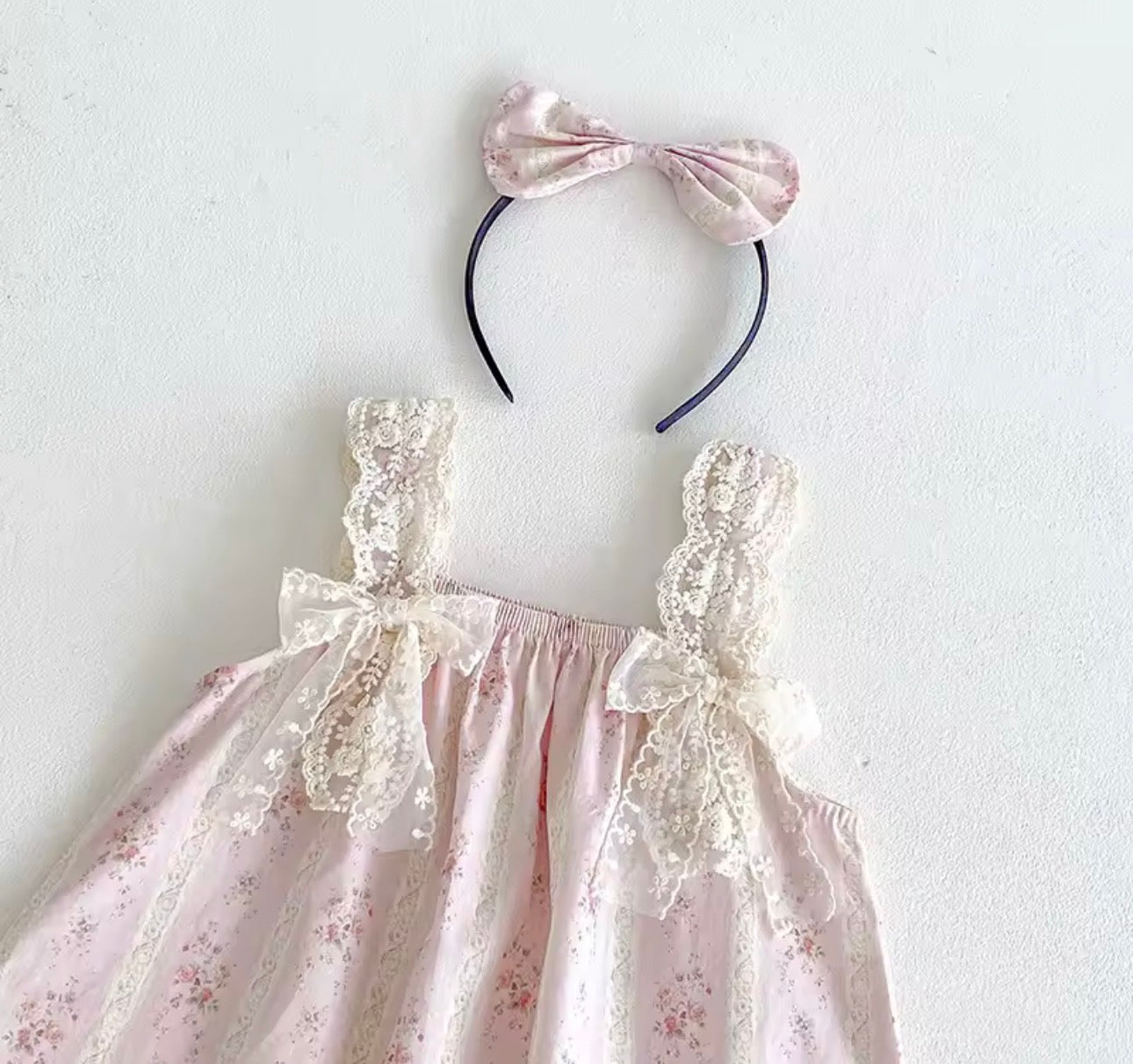Pink floral lace romper/dress & headband