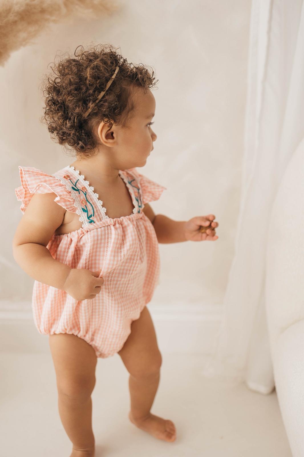 Pink gingham embroidered flower detail romper & headband