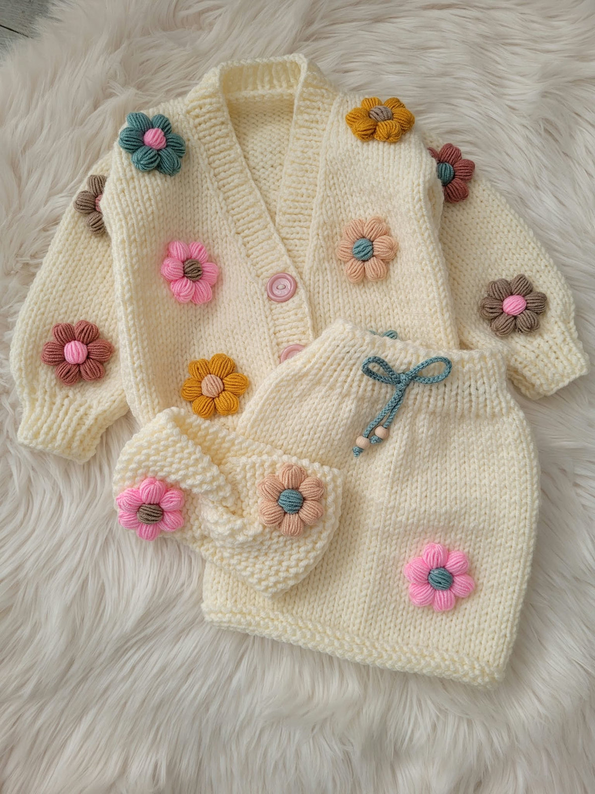 Handknitted 3 piece sets (cardigan, skirt, headband)