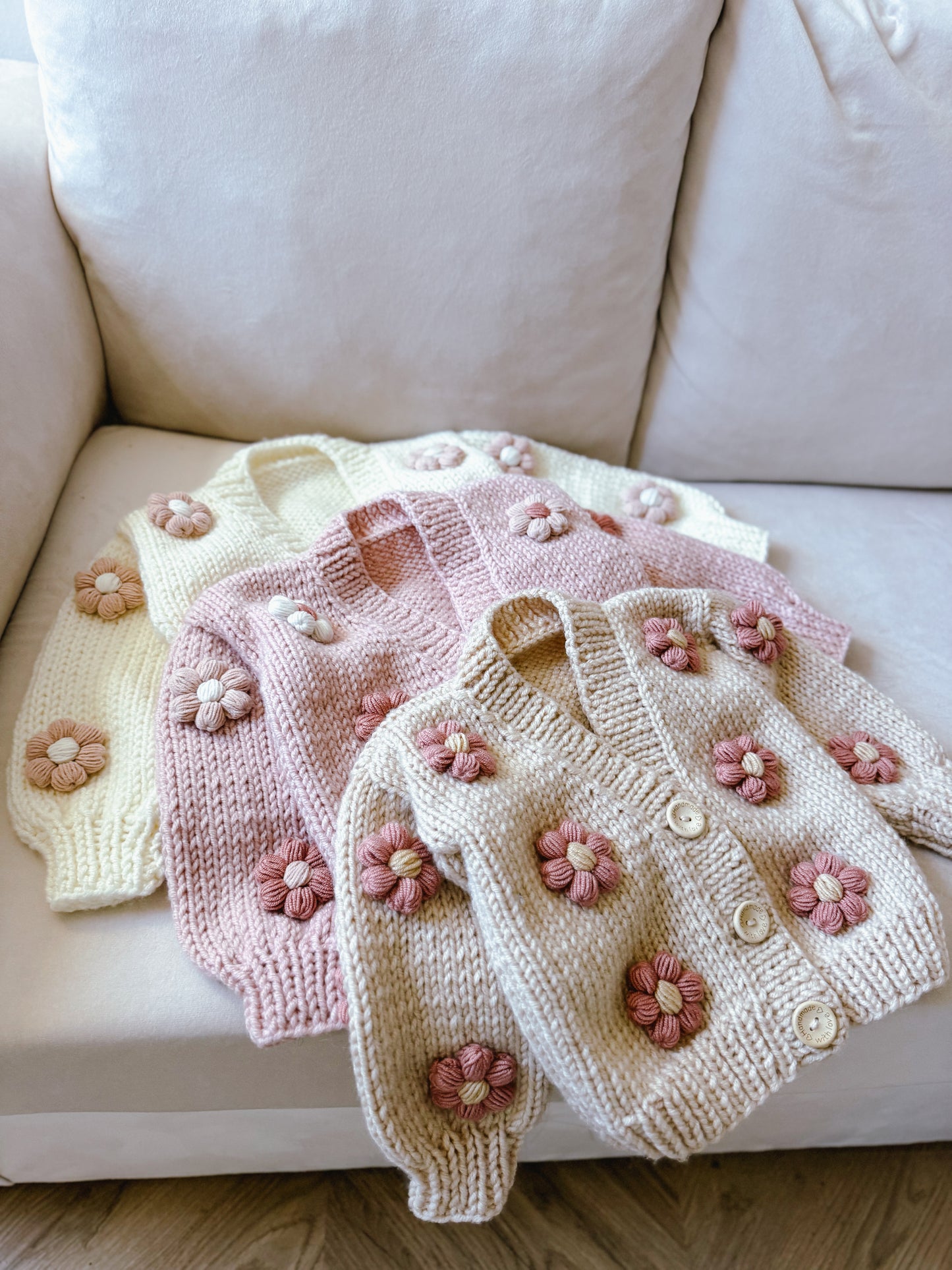 In stock Beige & raspberry flowers hand knitted cardigan
