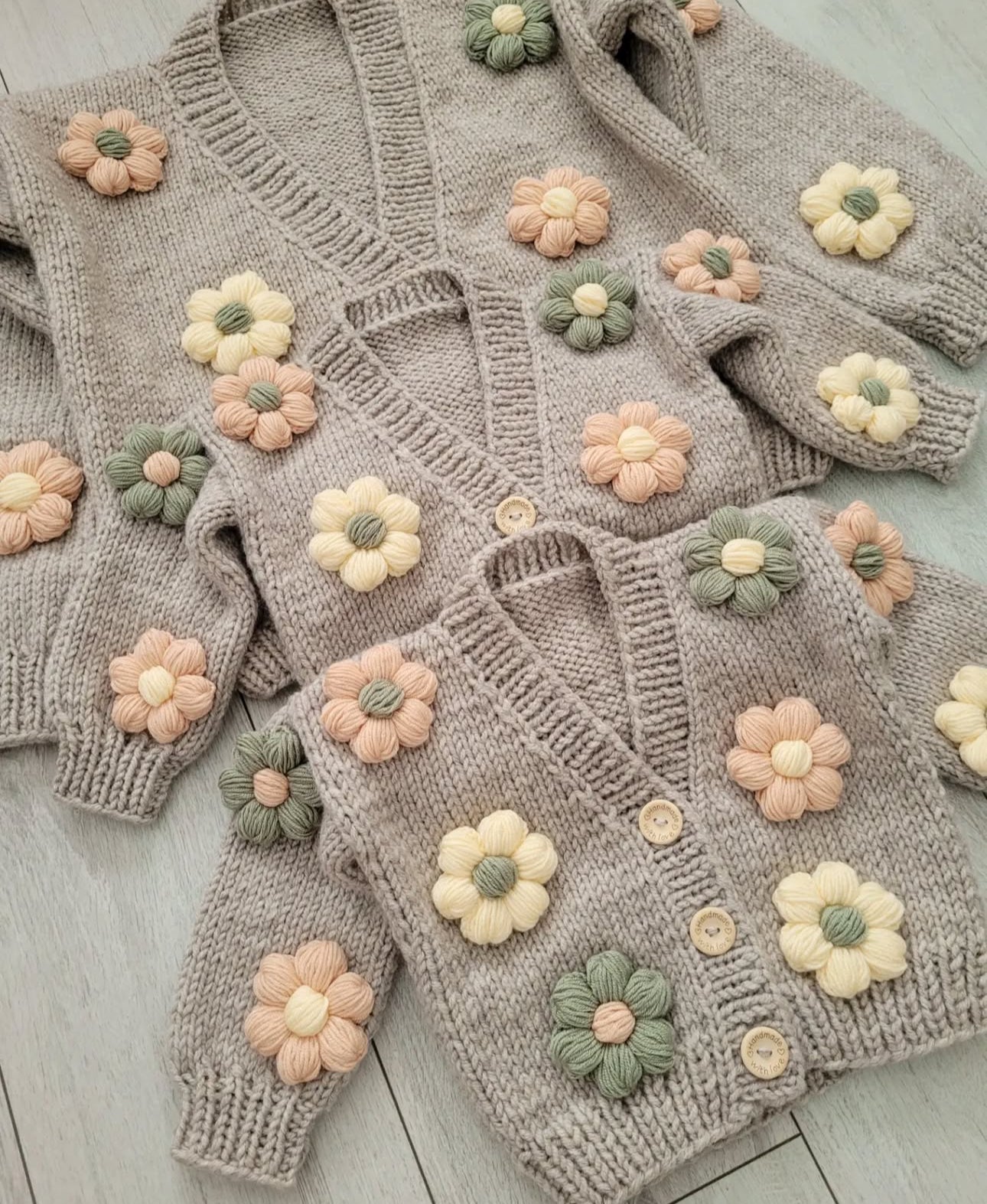 Mama and me handknitted grey flower 2 cardigan set