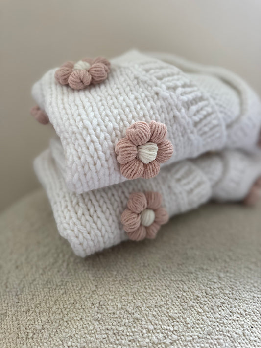 In stock pure white flowers on front and back handknitted cardigan