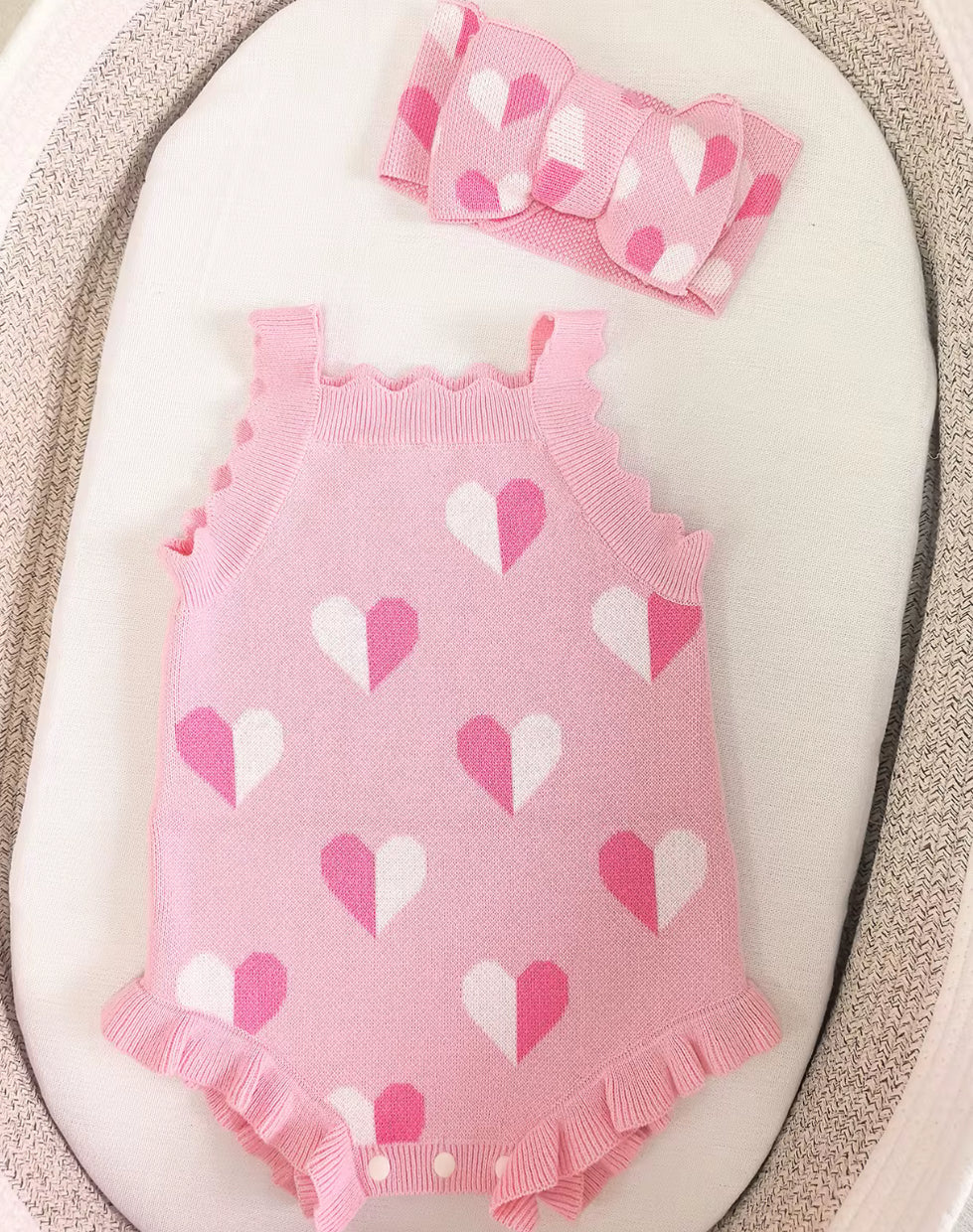 Thick knitted pink heart romper and giant tie headband