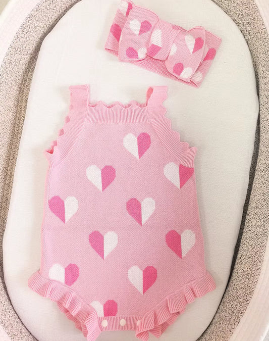 Thick knitted pink heart romper and giant tie headband