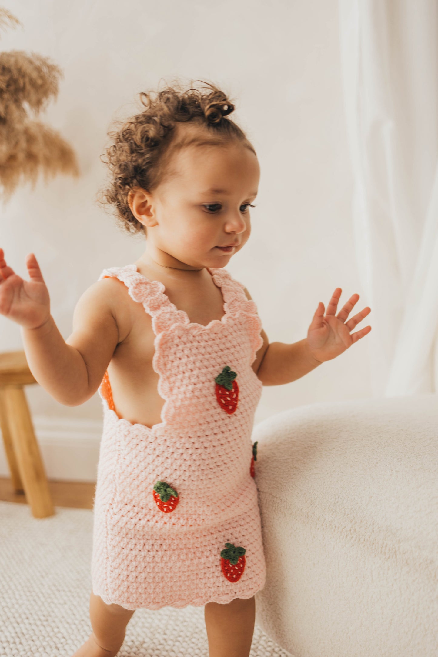 Hand crochet thick strawberry dress baby pink
