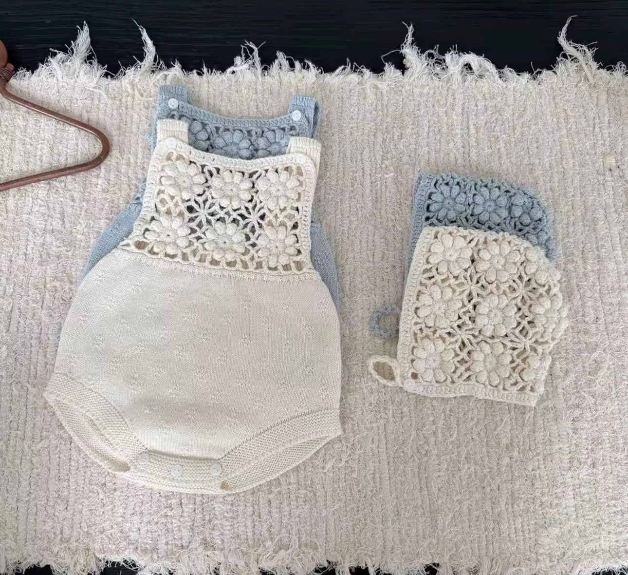 Knit flower romper and bonnet set