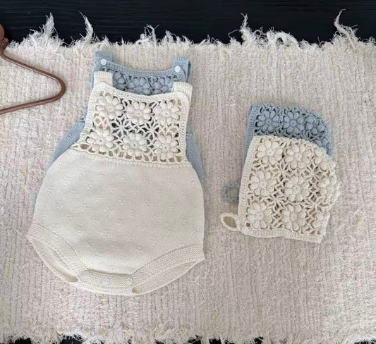 Knit flower romper and bonnet set