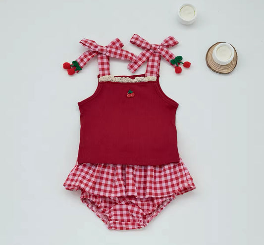 Cherry two piece cotton top and bloomers summer set