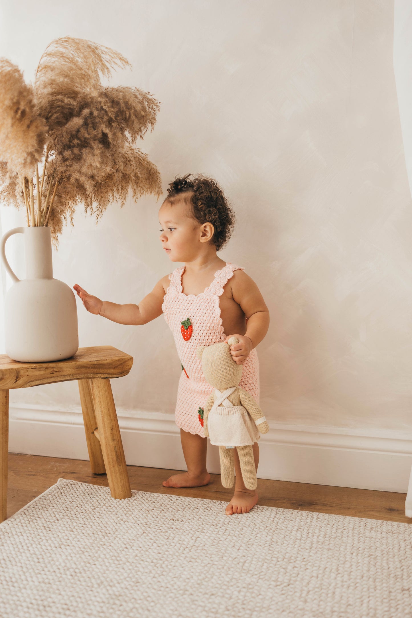 Hand crochet thick strawberry dress baby pink