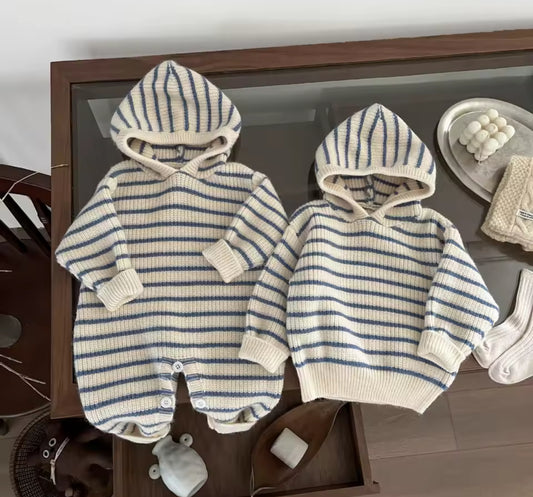 Knit blue stripe romper/hoodie