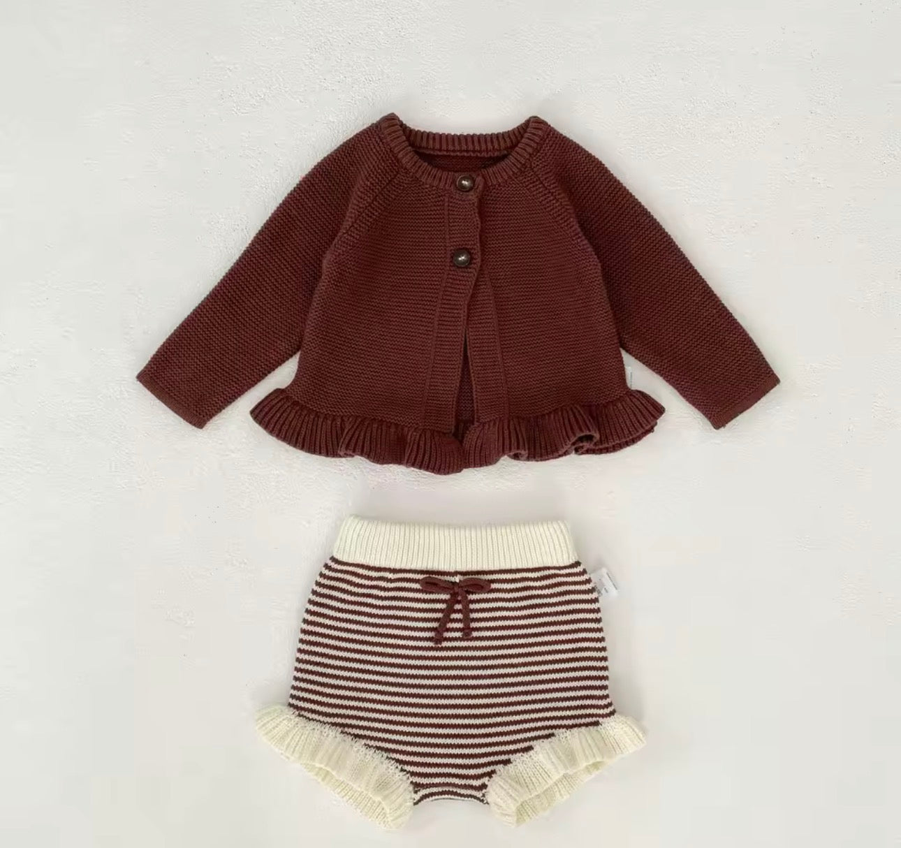 Burgundy knit two piece cardigan and bloomer set