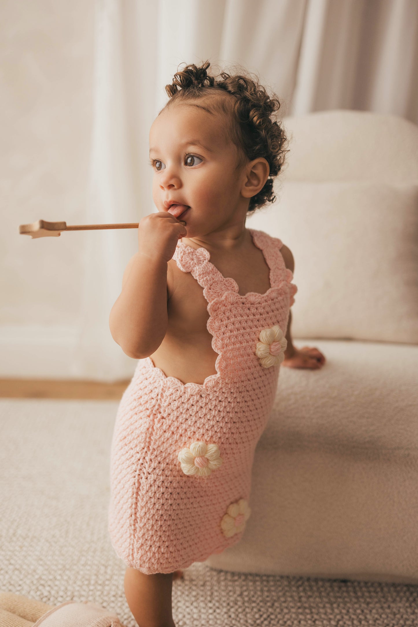 Hand crochet thick flower dress baby pink