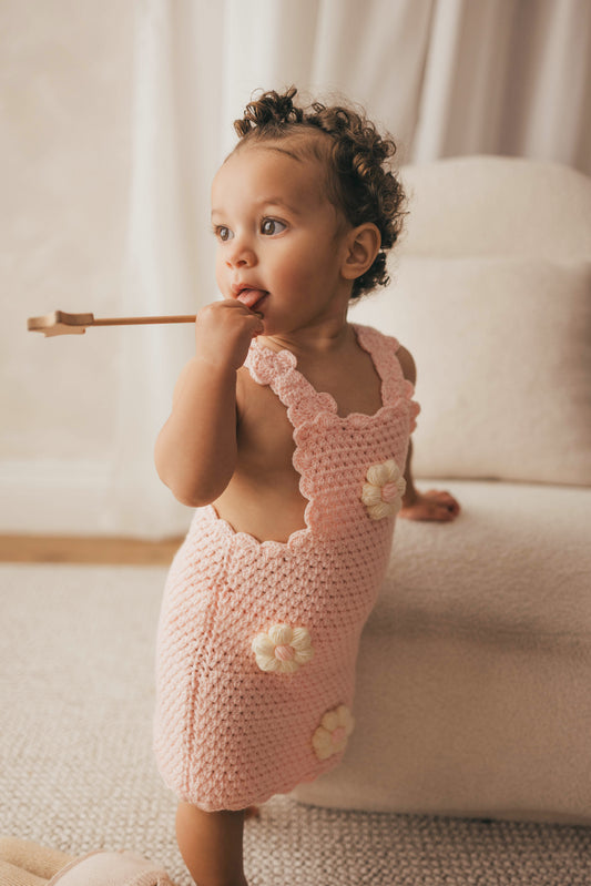 Hand crochet thick flower dress baby pink