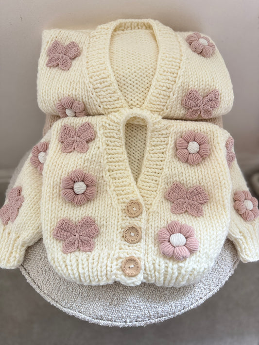 In stock hand knitted flower and chunky bow cardigan baby pink and cream